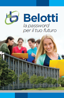 Copertina Brochure Istituto Belotti. Sono rappresentati 5 studenti con sullo sfondo l'edificio dell'istituto Bortolo Belotti