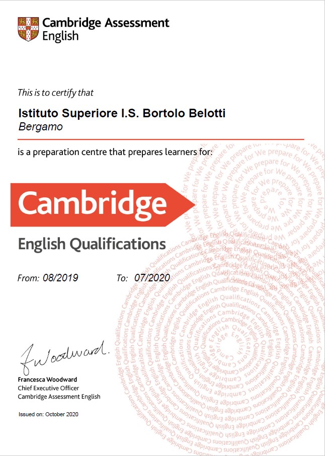 certificato istituto Belotti centro di preparazione per gli esami Cambridge